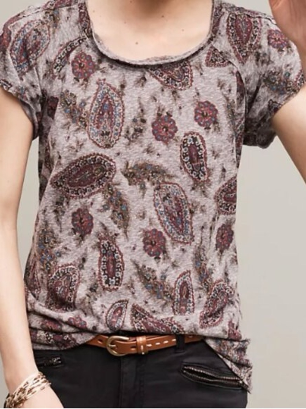 T.La Gray Paisley Short Sleeve Scoop Neck Top with Burgundy and Olive Accents
